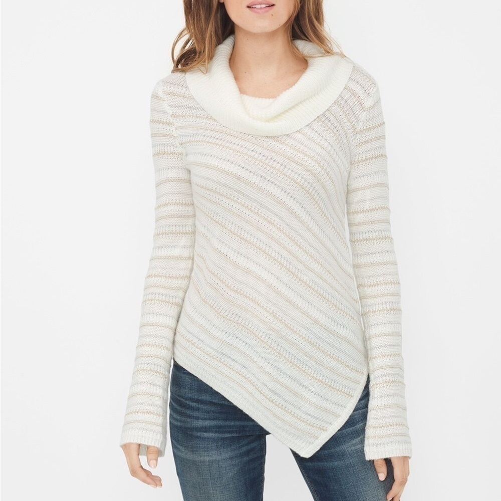 NEW WHBM Metallic Stripe Ecru Asymmetric-Hem Striped Sweater | Size XS